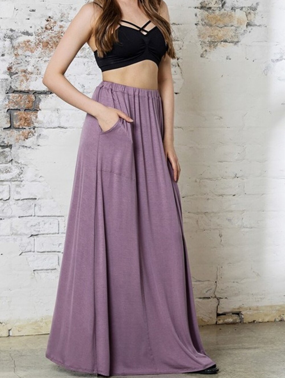 A3-0614 Beachy Lavender Maxi Skirt with Pockets, garment dyed, flowy rayon
